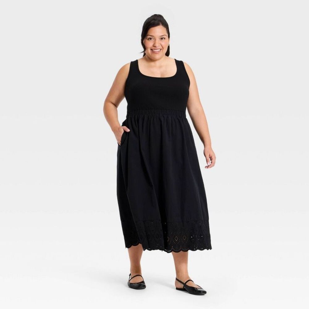 Women's Plus Sleeveless Ribbed Square Neck Midi Summer Dress - Black XXL